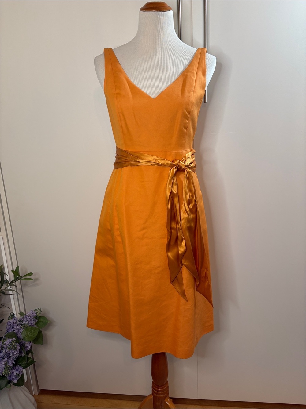 J. Crew Sleeveless V-Neck Midi Cotton Dress in Orange with Satin Sash 4